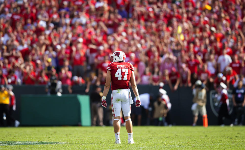 Sep 3, 2016; Green Bay, WI, USA; Wisconsin Badgers linebacker Vince Biegel (47) during the Lambeau Field College Classic against the LSU Tigers at Lambeau Field. Wisconsin won 16-14. Mandatory Credit: Jeff Hanisch-USA TODAY Sports