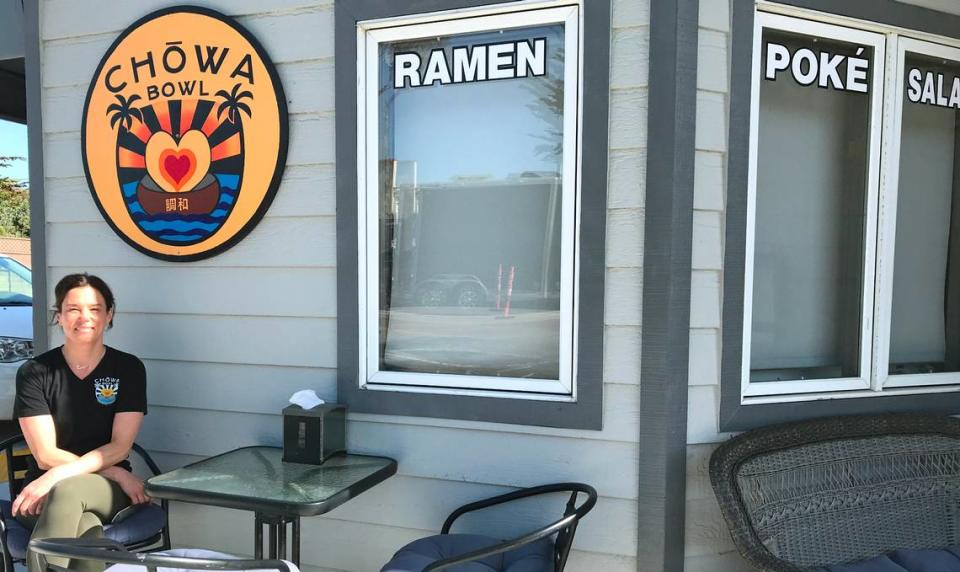 Katie Bosken, owner/chef of the newly expanded Chowa Bowl restaurant, sits in one of three outdoor dining areas. The restaurant’s larger footprint now includes indoor seating, too.