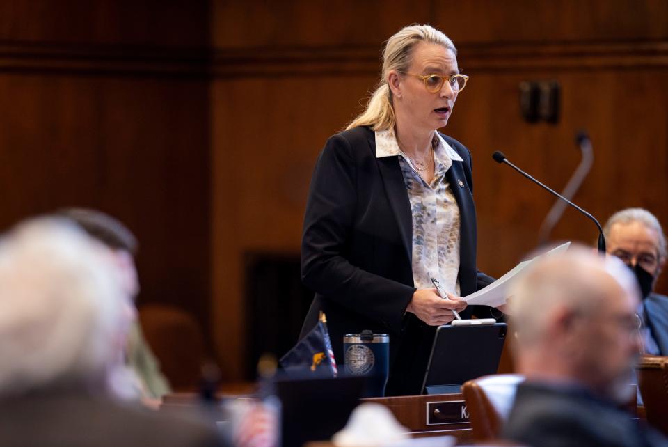 Senate Majority Leader Kate Lieber, D-Portland, speaks about House Bill 4002 on Friday, March 1, 2024 at the Oregon State Capitol in Salem, Ore.