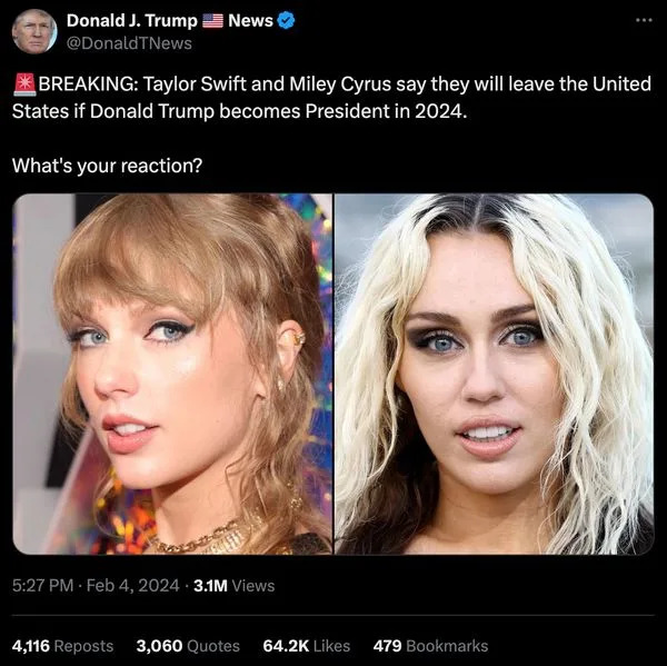 An online post said BREAKING Taylor Swift and Miley Cyrus say they will leave the United States if Donald Trump becomes President in 2024.