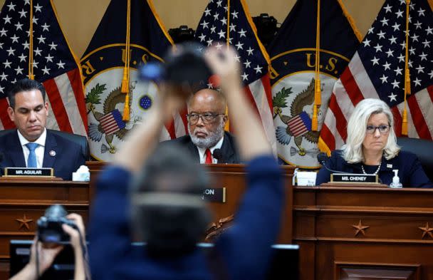 PHOTO: U.S. Representative Pete Aguilar, Committee Chairperson Rep. Bennie Thompson and Committee Vice Chair Rep. Liz Cheney, attend a public hearing to investigate the Jan. 6 Attack on the US Capitol, on Capitol Hill in Washington, June 16, 2022. (Jonathan Ernst/Reuters)