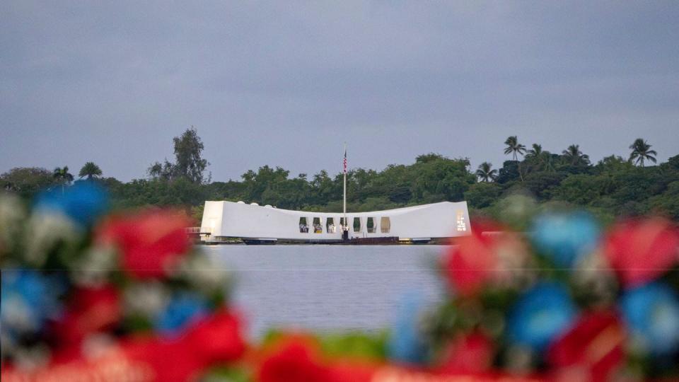 The USS Arizona Memorial is seen during a ceremony to mark the 82nd anniversary of the Japanese attack on Pearl Harbor, Thursday, Dec. 7, 2023, in Honolulu County, Hawaii. (Mengshin Lin/AP)