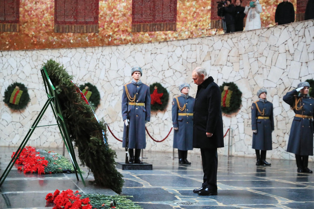 Russian President Vladimir Putin lays a wreath to the Eternal Flame at the Hall of Military Glory in Volgograd on Thursday for the 80th anniversary of the Soviet victory at the Battle of Stalingrad during WWII.  (Dmitry Lobakin / AFP - Getty Images)