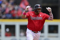 Cleveland Guardians' Josh Naylor runs the bases after hitting a three-run home run off Los Angeles Angels relief pitcher Carlos Estevez during the eighth inning of a baseball game, Sunday, May 14, 2023, in Cleveland. (AP Photo/David Dermer)