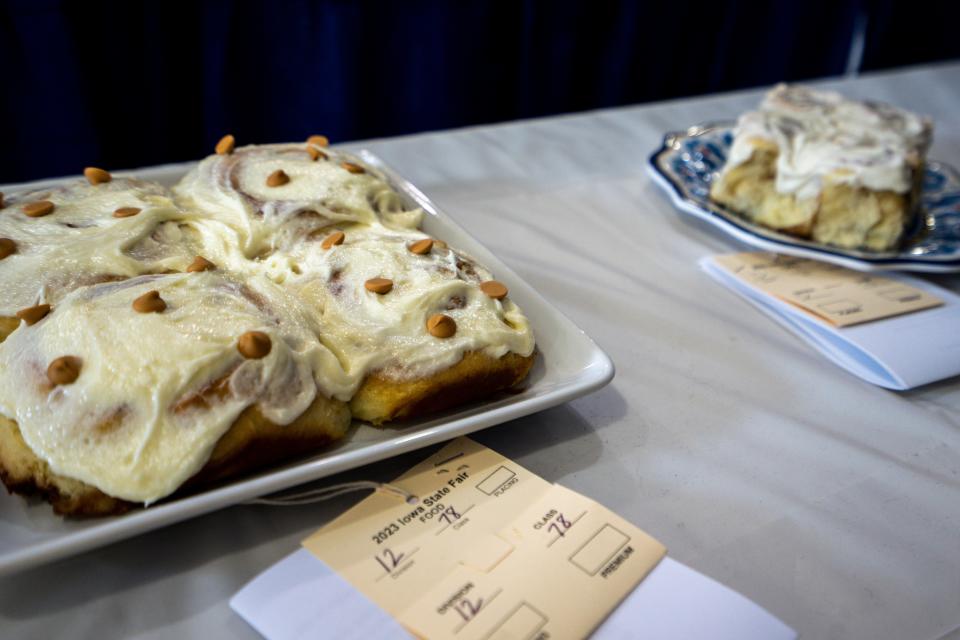 Cinnamon rolls sit in wait for judging during the Great Cinnamon Roll Contest.