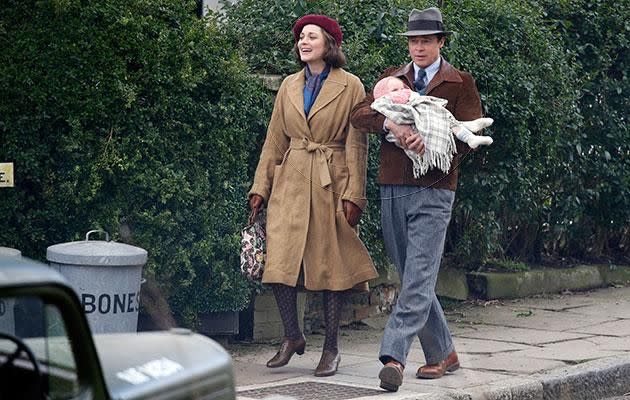 Marion Cotillard on the set of Allied with Brad Pitt. Source: Getty