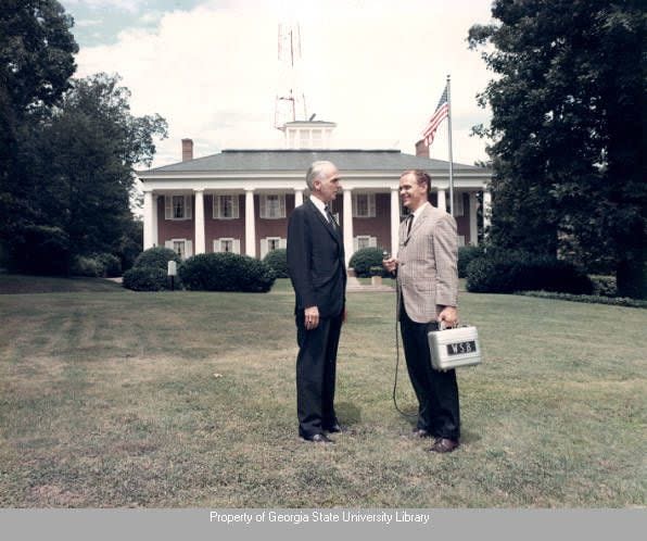 WSB moved into the famous “White Columns” building in 1955-56.  Here is an undated photo of longtime news director Aubrey Morris and staffer Bob Ketchersid standing outside.  The actual columns still stand in the Cox courtyard on Peachtree Street.