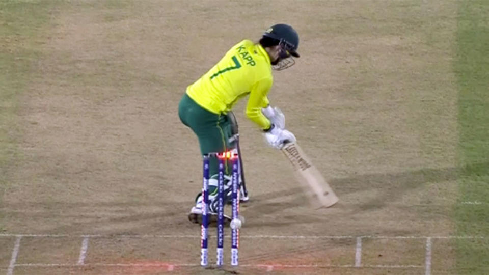 Kapp remained at the crease despite being clean bowled. Pic: ICC