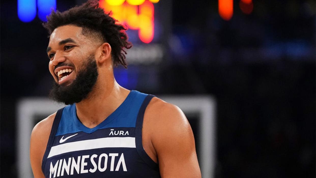 <div>NEW YORK, NEW YORK - JANUARY 1: Karl-Anthony Towns #32 of the Minnesota Timberwolves reacts against the New York Knicks at Madison Square Garden on January 1, 2024 in New York City. The Knicks defeated the Timberwolves 112-106. (Photo by Mitchell Leff/Getty Images)</div> <strong>(Getty Images)</strong>