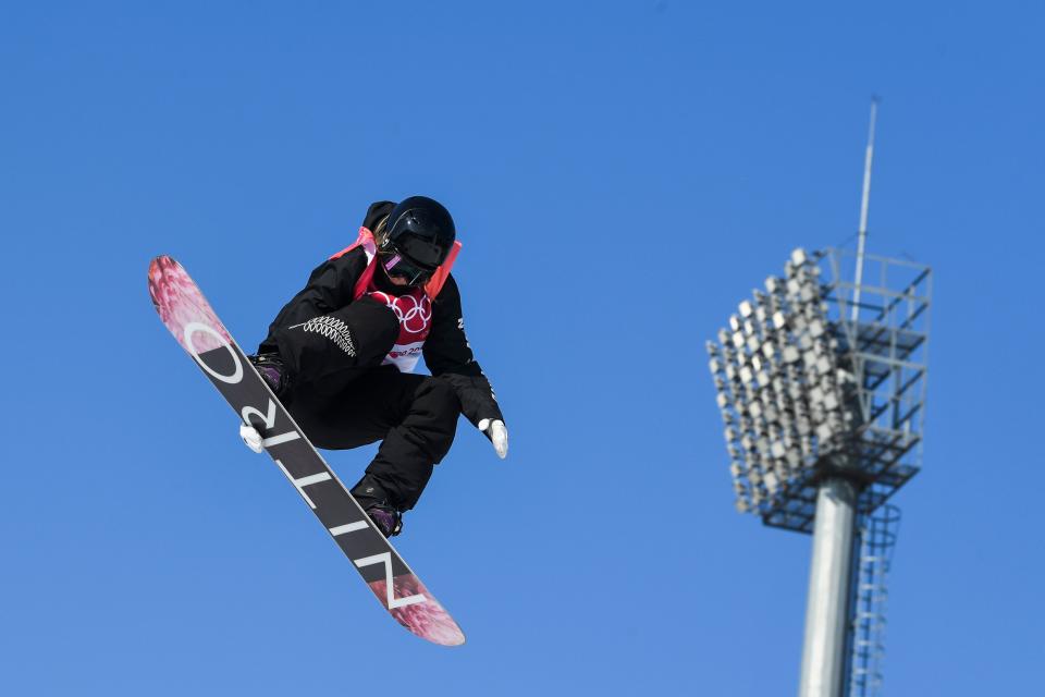 New Zealand's Zoi Sadowski Synnott competes during the women's snowboard big air final at the Pyeongchang 2018 Winter Olympic Games on Feb. 22, 2018. | Christof Stache—AFP/Getty Images