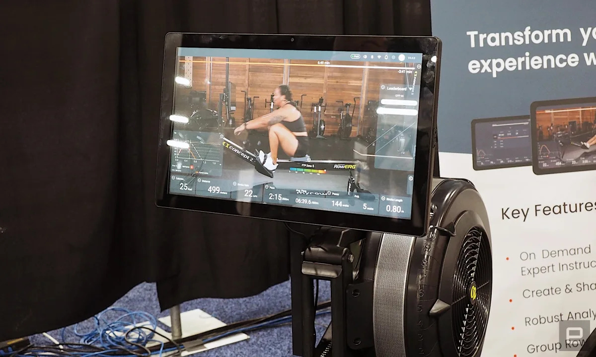 Image of the Myrow 22-inch touchscreen tablet bolted onto a ConceptD RowErg