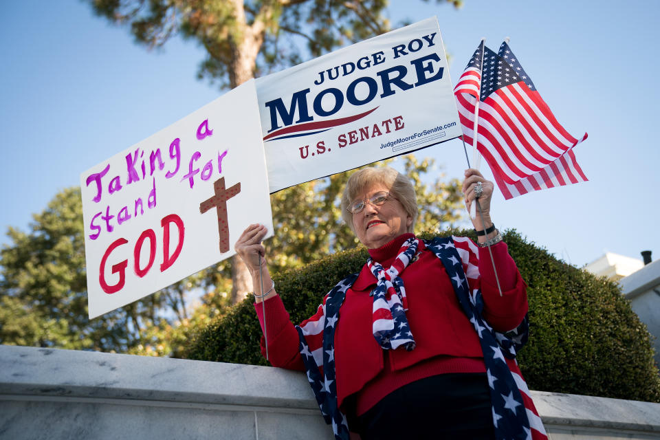 Patricia Riley Jones attends a 'Women For Moore' rally in support of Republican candidate for U.S. Senate Judge Roy Moore, in front of the Alabama State Capitol, November 17, 2017 in Montgomery, Alabama. (Photo: Drew Angerer/Getty Images)