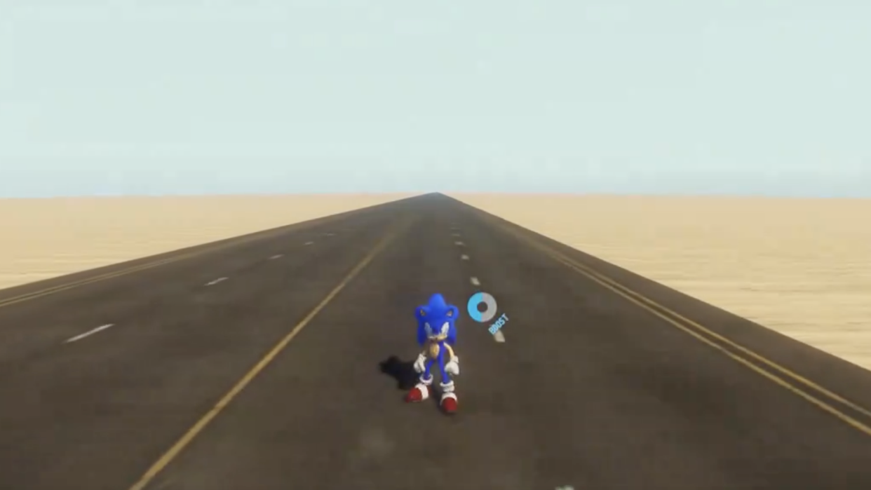  Sonic stands on an infinite highway in the Desert Bus Frontiers mod. 