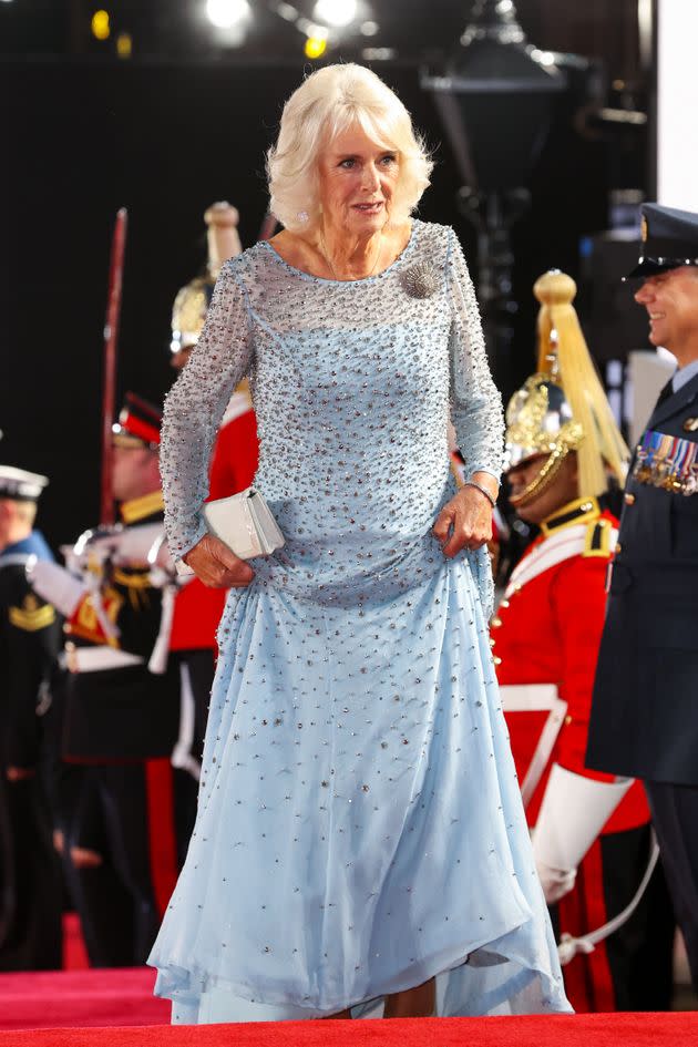 The Duchess of Cornwall paired her embellished gown with a white clutch.  (Photo: Chris Jackson via Getty Images)