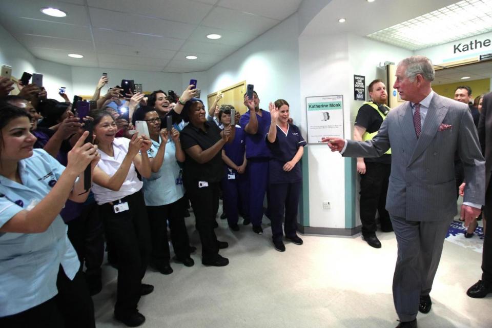 Welcome: Staff at King's College Hospital greet the Prince. (Getty Images)