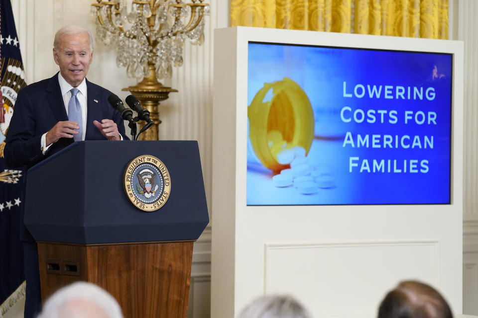 FILE - President Joe Biden speaks during an event on prescription drug costs, in the East Room of the White House, Aug. 29, 2023, in Washington. The Biden administration is putting pharmaceutical companies on notice. It's warning them that if the price of certain drugs is too high, they might allow other companies to make their product. Under the new plan, the government would consider overriding the patent for high-priced drugs that have been developed with the help of taxpayer money. (AP Photo/Evan Vucci, File)