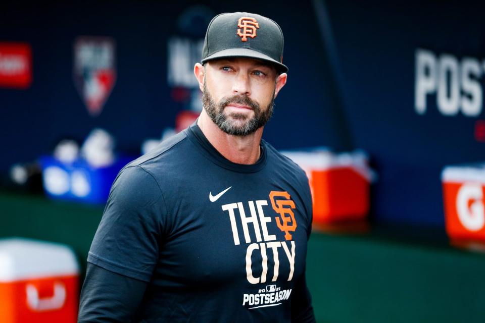 SAN FRANCISCO, CA - OCTOBER 08: Gabe Kapler #19 of the San Francisco Giants looks on during Game 1 of the NLDS between the Los Angeles Dodgers and the San Francisco Giants at Oracle Park on Friday, October 8, 2021 in San Francisco, California. (Photo by Lachlan Cunningham/MLB Photos via Getty Images)