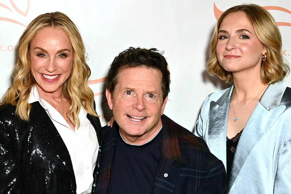 <p>Bryan Bedder/Getty</p> Tracy Pollan, Michael J. Fox and Schuyler Fox attend 2023 A Funny Thing Happened On The Way To Cure Parkinson