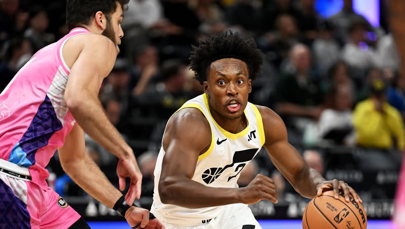 Utah Jazz guard Collin Sexton (2) drives at Breakers’ Will McDowell-White as the Utah Jazz and the New Zealand Breakers play at the Delta Center in Salt Lake City on Monday, Oct. 16, 2023.