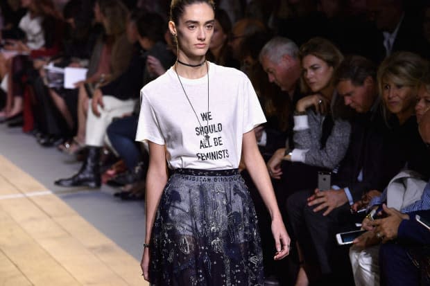 Dior's "We Should All Be Feminist" T-shirt by Maria Grazia Chiuri for Spring 2017, based on an essay by Chimamanda Ngozi Adichie.<p>Photo: Jacopo Raule/Getty Images For Dior</p>