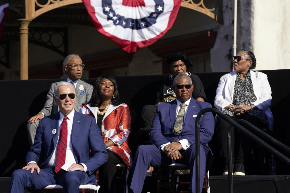 President Joe Biden listens to speakers during an event to commemorate the 58th anniversary of "Bloody Sunday," a landmark event of the civil rights movement, on Sunday, March 5, 2023, in Selma, Ala. (AP Photo/Patrick Semansky)