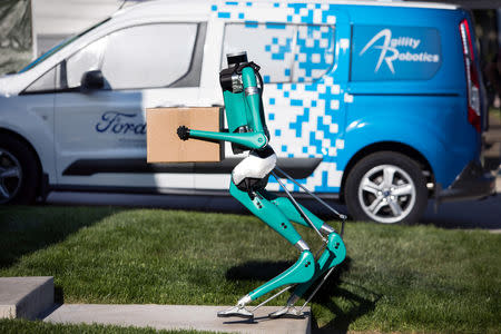 An undated handout image of Digit, a two-legged walking robot that can lift packages that weigh up to 40 pounds. Tim LaBarge/Ford/Handout via REUTERS