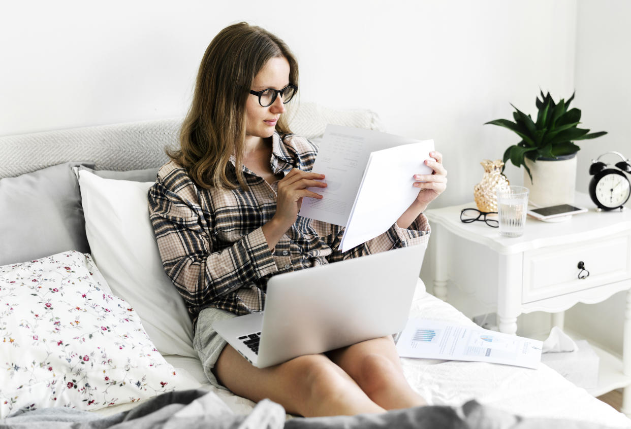 Caucasian girl working on computer laptop