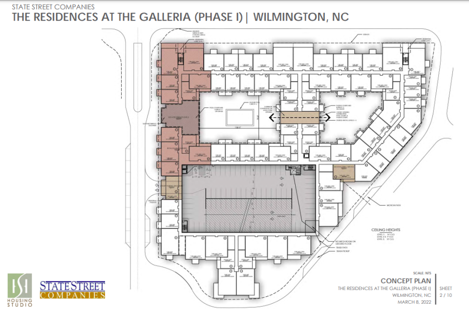 A site plan for the first phase of The Residences at The Galleria, a mixed-use development proposed for the former site of the Galleria shopping center on Wrightsville Avenue.
