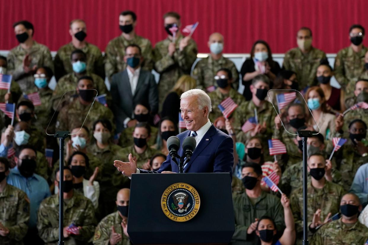 <p>President Joe Biden speaks to American service members at RAF Mildenhall in Suffolk, England</p> (AP)