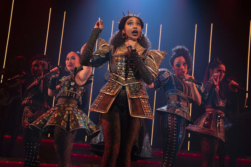 <div class="inline-image__caption"><p>Adrianna Hicks (Catherine of Aragon, center) with (l - r) Brittney Mack (Anna of Cleves), Andrea Macasaet (Anne Boleyn), Anna Uzele (Catherine Parr), & Samantha Pauly (Katherine Howard) in "SIX: The Musical."</p></div> <div class="inline-image__credit">Joan Marcus</div>