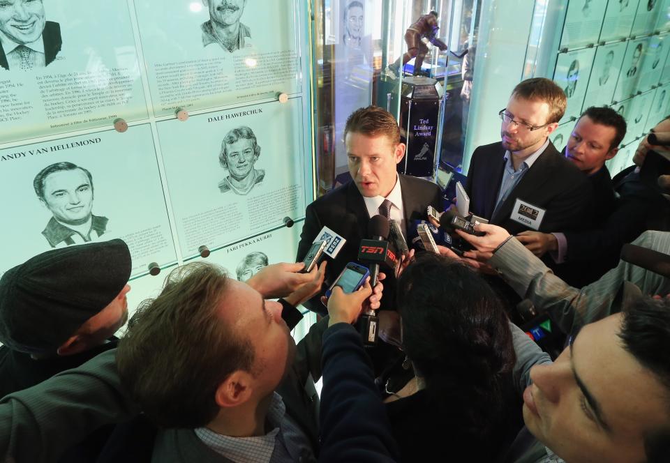 TORONTO, ON - NOVEMBER 12: Pavel Bure takes part in a press conference at the Hockey Hall of Fame on November 12, 2012 in Toronto, Canada. Bure and three other former NHL players will be inducted into the Hall during a ceremony later today. (Photo by Bruce Bennett/Getty Images)