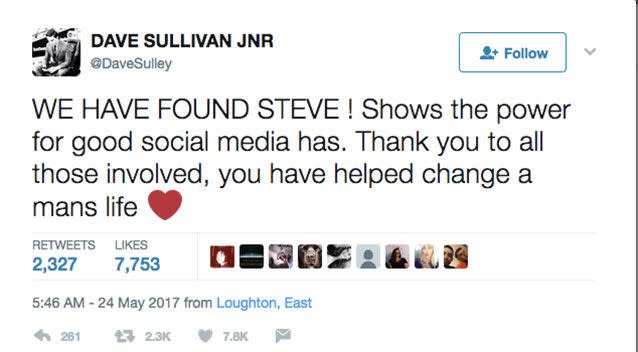 David Sullivan Jr tweeted once they had tracked Mr Jones down. Source: @DaveSulley/ Twitter