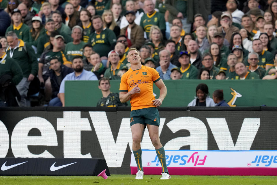 Australia's Reece Hodge watches the ball after kicking a penalty during the Rugby Championship test match between South Africa and Australia at Loftus Versfeld stadium in Pretoria, South Africa, Saturday, July 8, 2023. (AP Photo/Themba Hadebe)