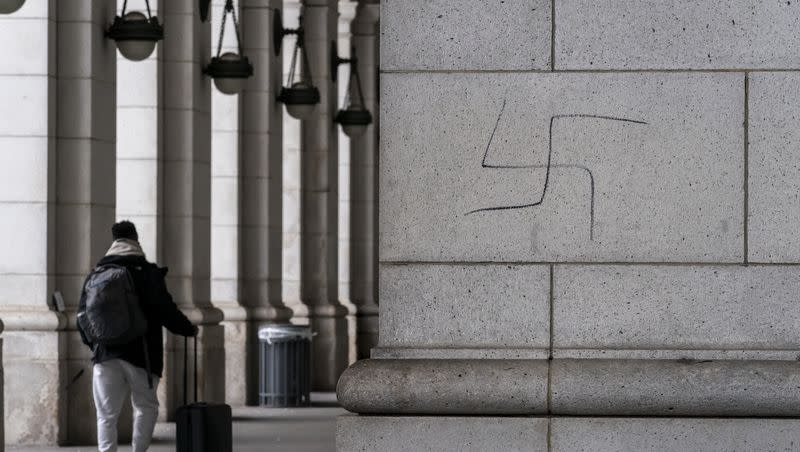 A hand-drawn swastika is seen on the front of Union Station near the Capitol in Washington, Jan. 28, 2022. The discovery this week of violently antisemitic graffiti along a popular Maryland walking trail is just the latest in a rising tide of anti-Jewish vandalism and activity dating back a decade, according to local Jewish leaders.