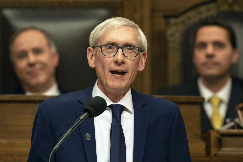 FILE - Wisconsin Gov. Tony Evers addresses a joint session of the state Legislature in the Assembly chambers during his State of the State speech at the state Capitol, Jan. 22, 2019, in Madison, Wis. Medicaid recipients in Wisconsin will have access to the first over-the-counter birth control pill starting Tuesday, March 19, 2024, allowing them to easily receive contraceptive medication with no out-of-pocket costs or doctor's prescription, Evers announced. (AP Photo/Andy Manis, File)