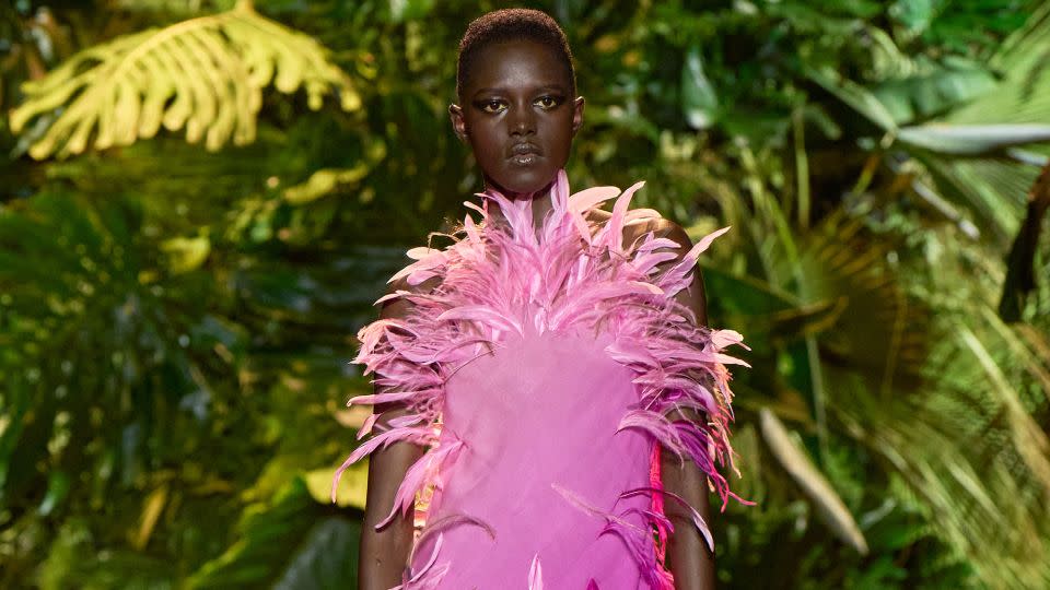 Birds of a feather did indeed flock together at Roberto Cavalli, whose collection featured a range of feather prints as well as feather-trimmed pieces. - Isidore Montag/Gorunway