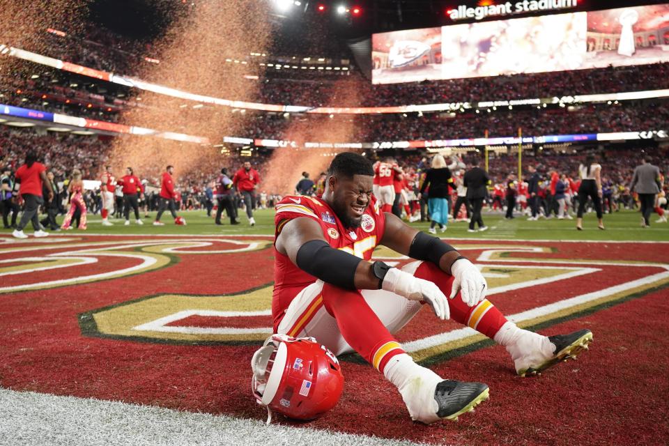 Kansas City Chiefs guard Trey Smith cries after winning the NFL Super Bowl 58 football game against the San Francisco 49ers, Sunday, Feb. 11, 2024, in Las Vegas. The Chiefs won 25-22. (AP Photo/Eric Gay)