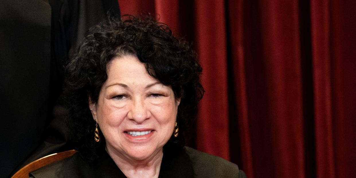 Associate Justice Sonia Sotomayor sits during a group photo of the Justices at the Supreme Court in Washington, DC on April 23, 2021.