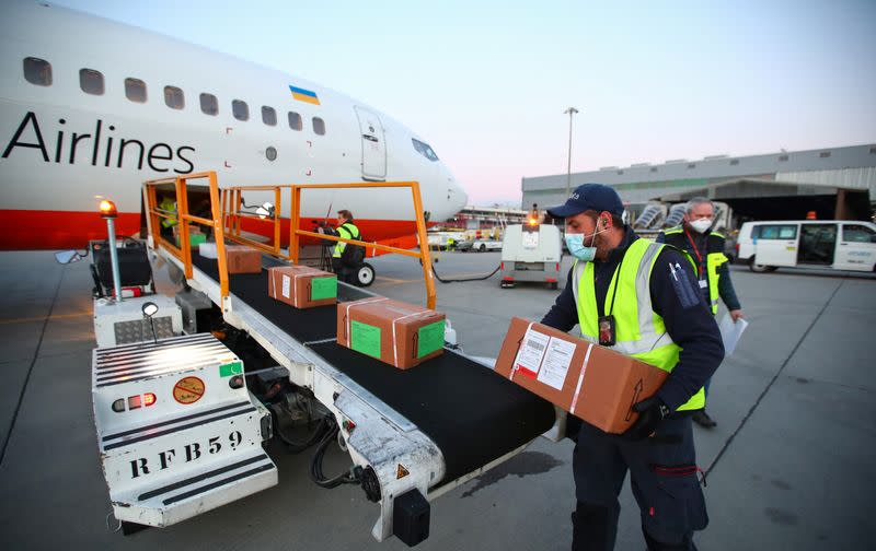 The International Committee of Red Cross (ICRC) sends cargo to Ukraine, during the coronavirus disease (COVID-19) outbreak, at Cointrin Airport in Geneva