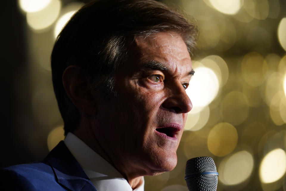 Mehmet Oz, a Republican candidate for U.S. Senate in Pennsylvania, speaks during a Republican Jewish Coalition event in Philadelphia, Wednesday, Aug. 17, 2022. (AP Photo/Matt Rourke)