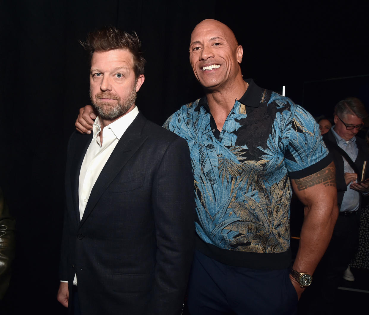 LAS VEGAS, NV - APRIL 03: (L-R) Director David Leitch and Dwayne Johnson at CinemaCon 2019 Universal Pictures Invites You to a Special Presentation Featuring Footage from its Upcoming Slate at The Colosseum at Caesars Palace during CinemaCon, the official convention of the National Association of Theatre Owners, on April 3, 2019 in Las Vegas, Nevada.  (Photo by Alberto E. Rodriguez/Getty Images for CinemaCon)