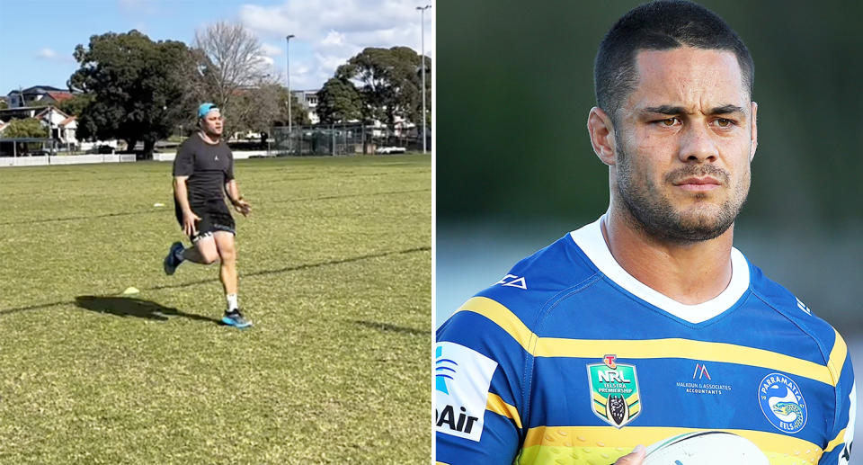 Jarryd Hayne, pictured here training and when he played in the NRL for Parramatta.