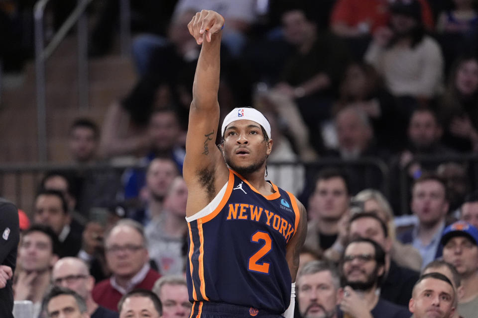 New York Knicks guard Miles McBride reacts after scoring a 3-point basket in the second half of an NBA basketball game against the Denver Nuggets, Thursday, Jan. 25, 2024, at Madison Square Garden in New York. (AP Photo/Mary Altaffer)