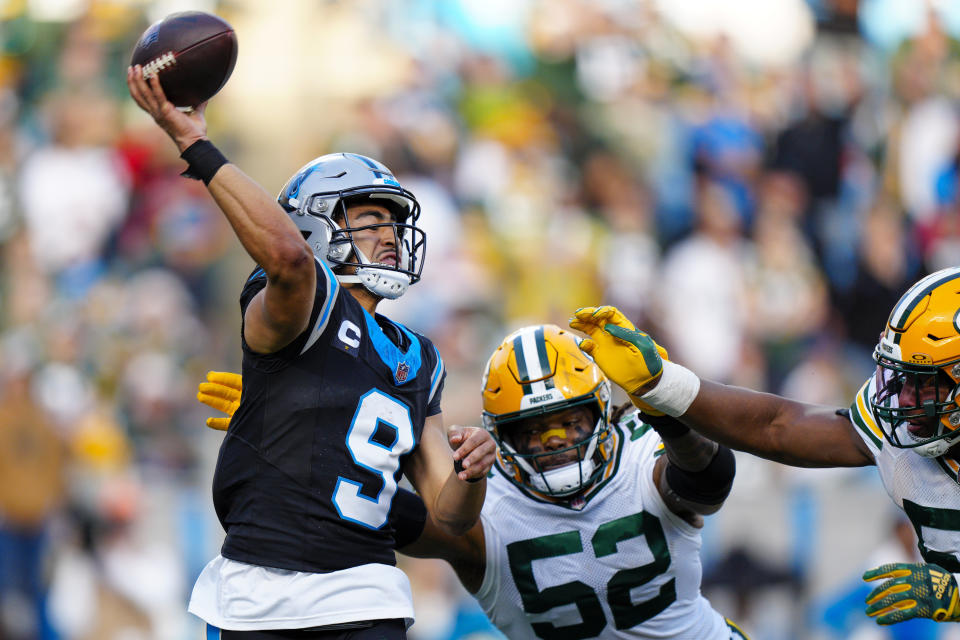 Carolina Panthers quarterback Bryce Young passes against the Green Bay Packers during the second half of an NFL football game Sunday, Dec. 24, 2023, in Charlotte, N.C. (AP Photo/Jacob Kupferman)