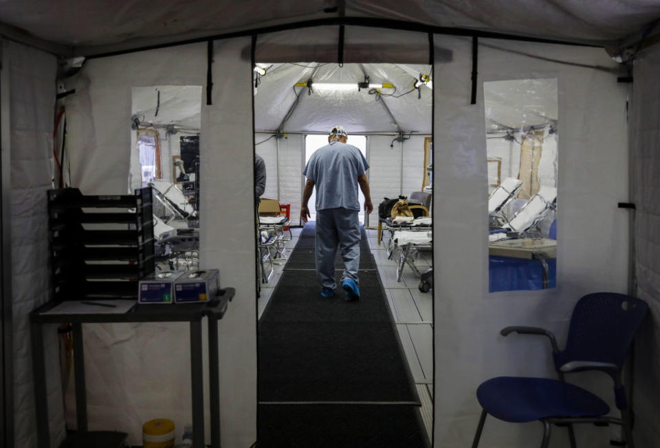 A temporary tent set up at UMass Memorial Hospital outside of Boston on November 11 to address the overfill expected from the uptick of COVID-19 cases. Source: Getty