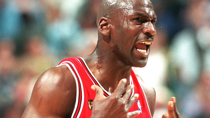 Chicago's Michael Jordan shows his intensity during Game 6 of the NBA Finals at the Delta Center on Sunday, June 14, 1998. MJ outdueled Byron Russell, hitting the “Last Shot.”