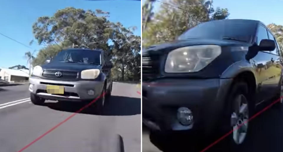 A Toyota overtakes a cyclist at Macmasters Beach.