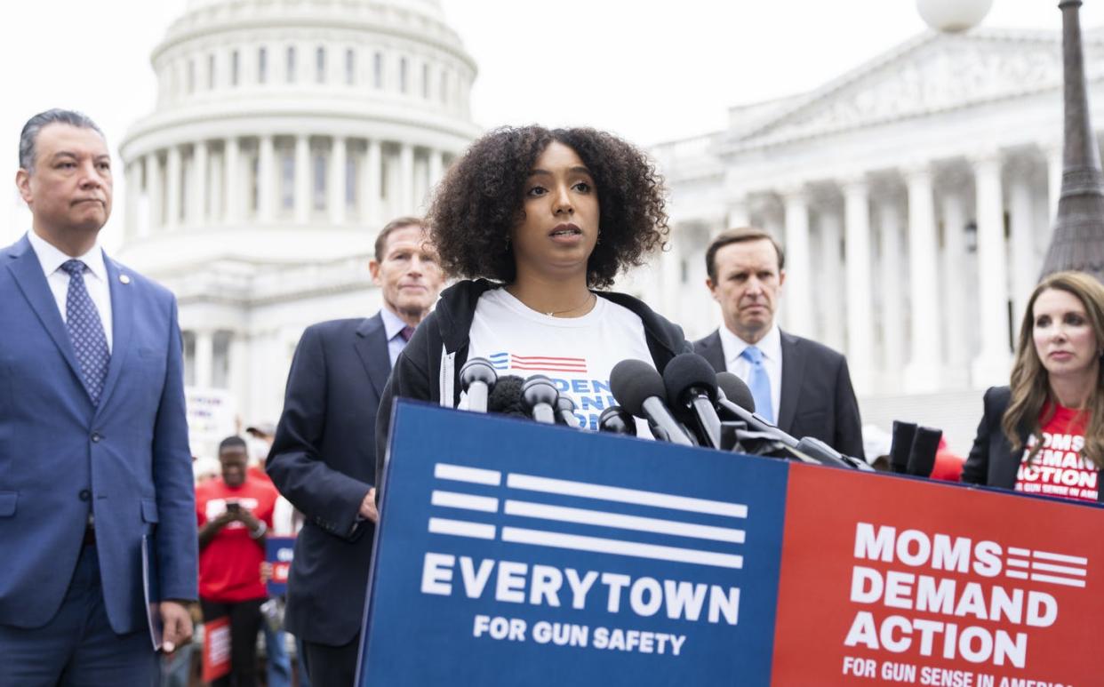 <span class="caption">Ade Osadolor-Hernandez of Students Demand Action speaks at a rally outside the U.S. Capitol in May 2022.</span> <span class="attribution"><a class="link " href="https://www.gettyimages.com/detail/news-photo/ade-osadolor-hernandez-of-students-demand-action-conducts-a-news-photo/1240934644?adppopup=true" rel="nofollow noopener" target="_blank" data-ylk="slk:Tom Williams/CQ-Roll Call, Inc via Getty Images;elm:context_link;itc:0;sec:content-canvas">Tom Williams/CQ-Roll Call, Inc via Getty Images</a></span>