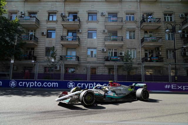 Lewis Hamilton races through the streets of Baku