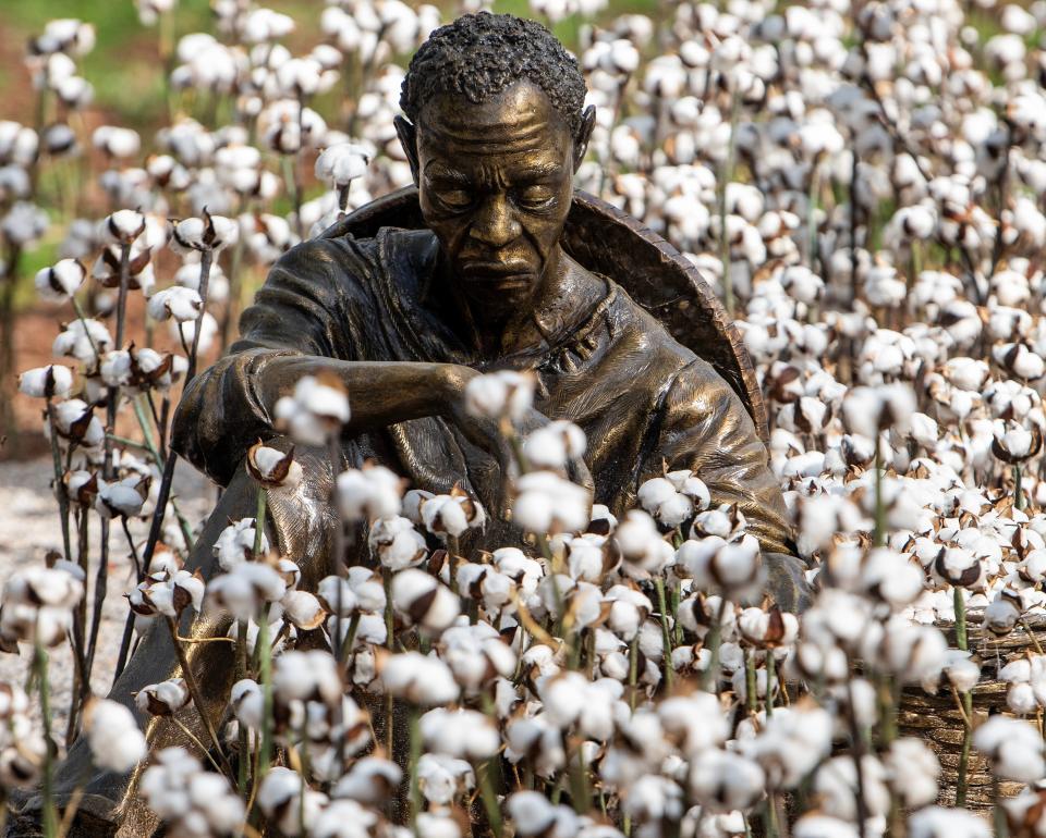 Picking Cotton display at the Equal Justice Initiative’s Freedom Monument Sculpture Park in Montgomery, Ala., on Tuesday March 12, 2024.